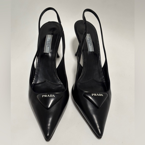 PRADA Pointy Black Pointed SlingBack With Logo Triangle Accent Size 37.5 - Picture 3 of 11